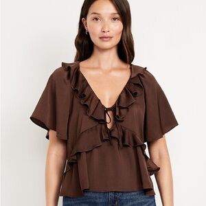 Old Navy Brown Satin Ruffle Tie Front Blouse | Flowy Top | Size S